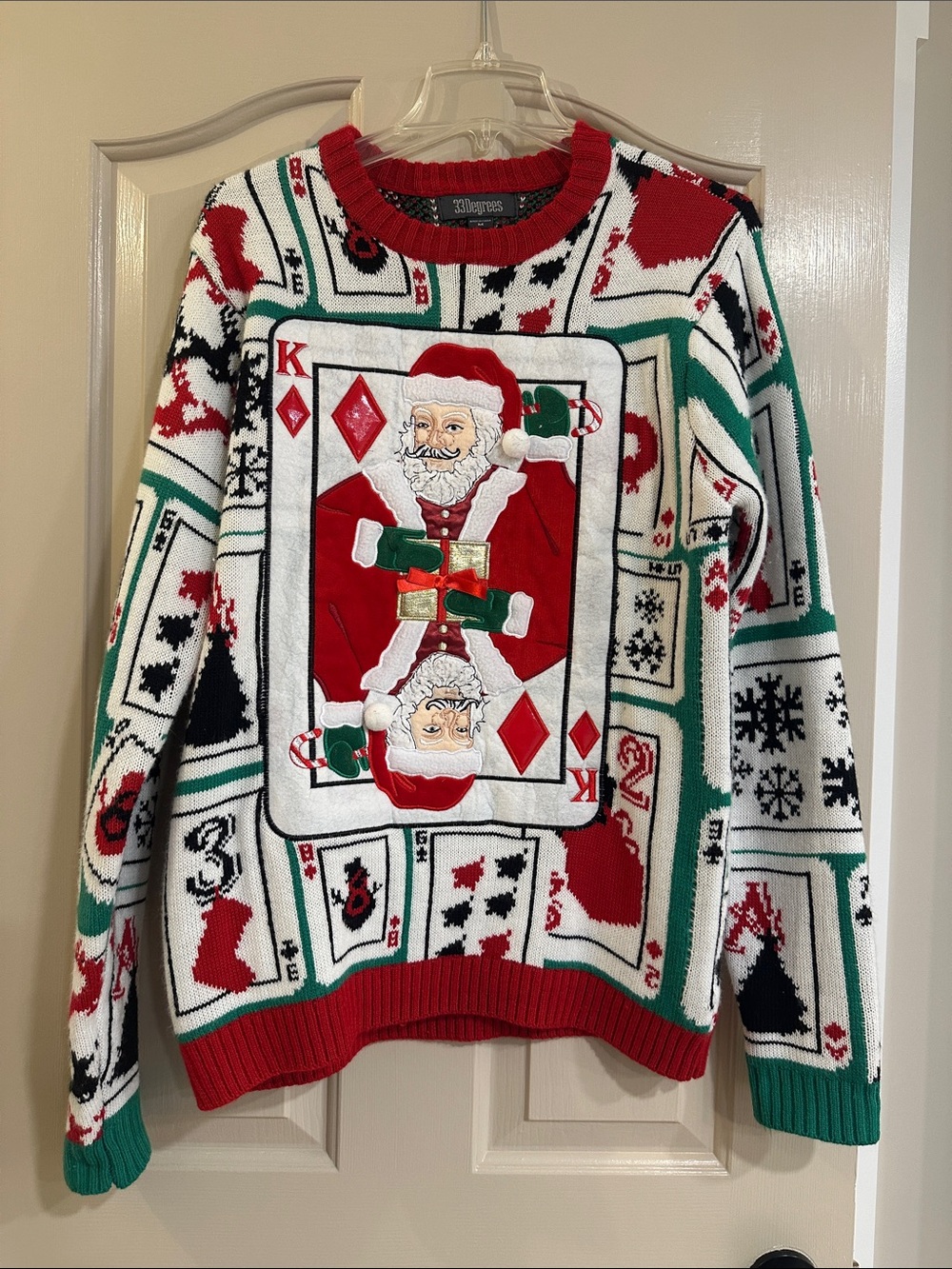 Holiday Crewneck Sweater - Red/Green Santa Playing Card Design